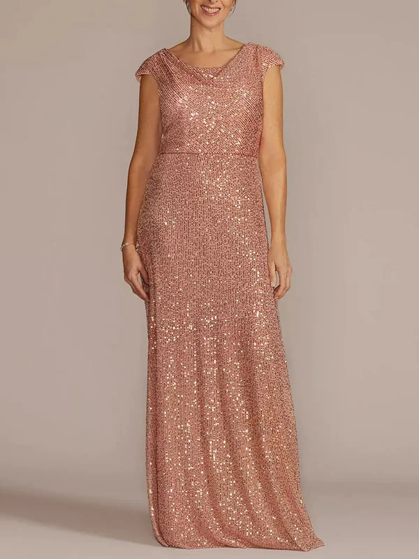 Cowl Neck Cap Sleeve Allover Sequin Gown