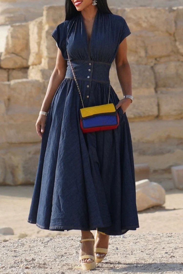 Plus Size Business Casual Tencel Denim Navy Blue Elegant V Neck Short Sleeve Pocket Midi Dresses [Pre-Order] 2024 - Xpluswear