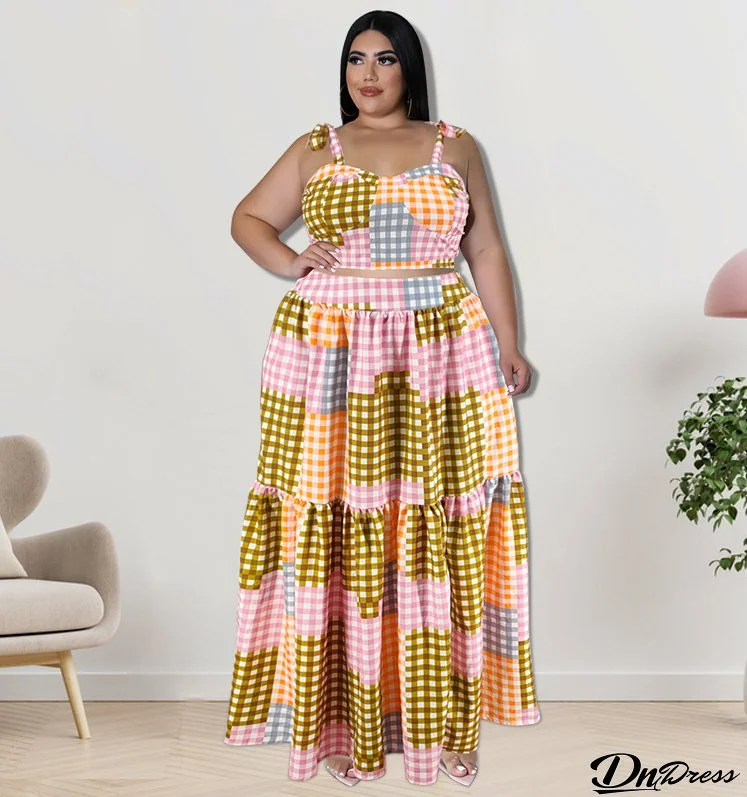 Plus Size Women Clothes Summer Plaid Crop Strap Top Loose Swing Skirt Two Piece Set