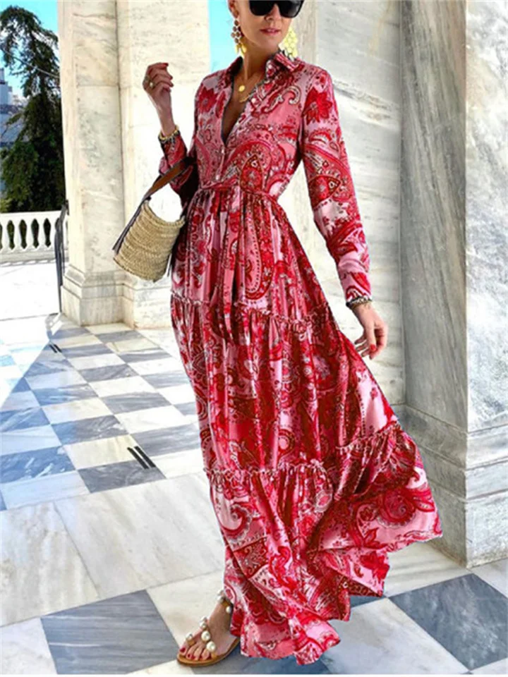 Women's A Line Dress Maxi long Dress Red 3/4 Length Sleeve Print Print Fall Winter V Neck Casual 2022 3XL-Mixcun