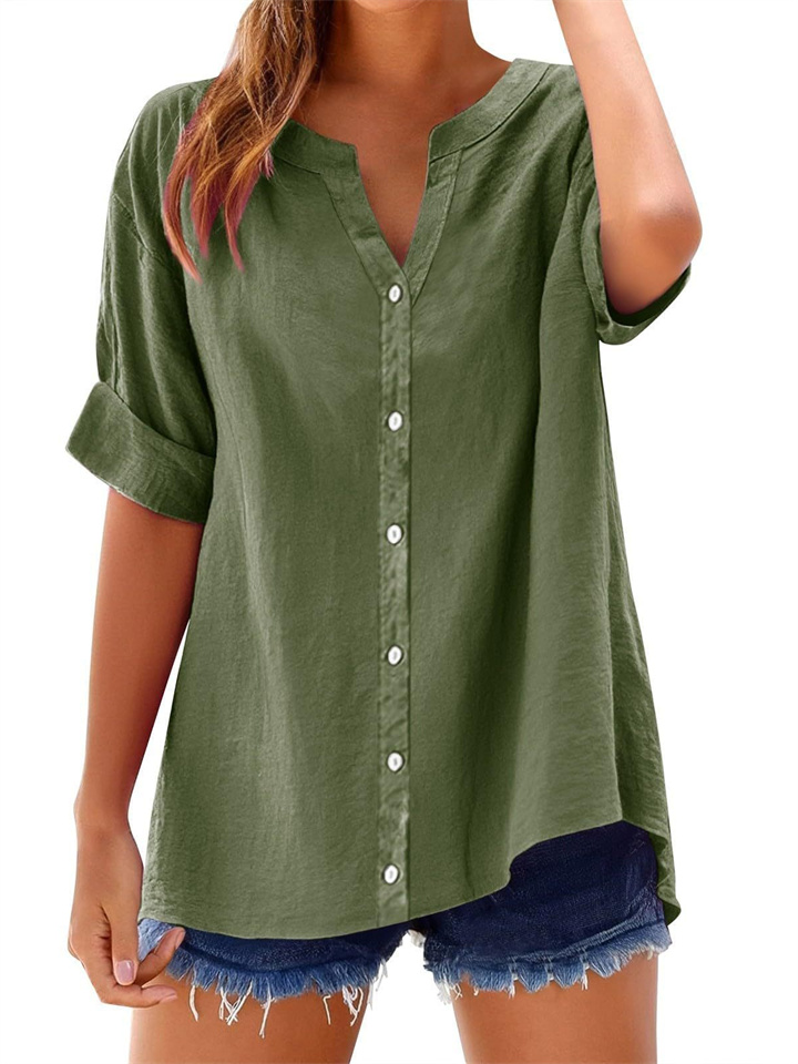 Women's New Summer Linen Tops Button Up Shirts Casual Tops V-neck Short Sleeve Shirt