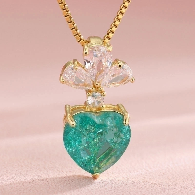 Vintage Style Heart Shape Flower Bow Knot Stainless Steel Copper Plating Inlay 18K Gold Plated Zircon Pendant Necklace