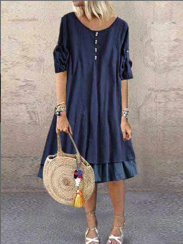 Women's Loose Button Retro Big Swing Dress-Mayoulove