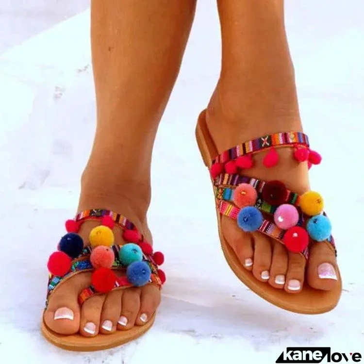 Colorful Fur Ball Ethnic Tribal Wind Beach Dress Slippers