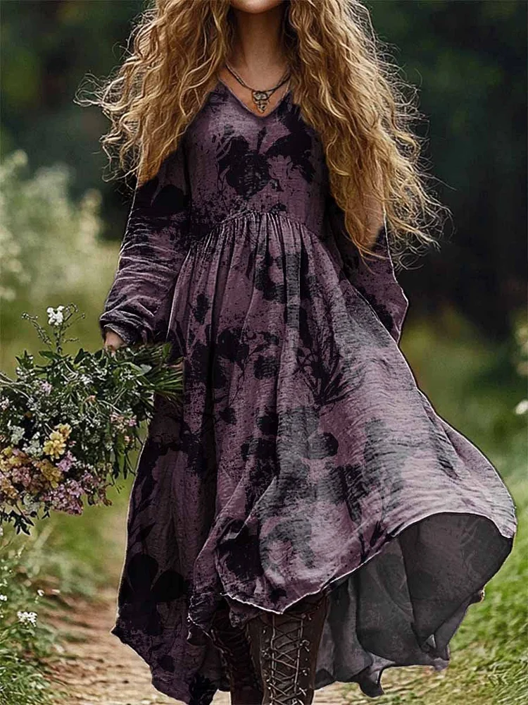 Women's Bohemian Floral Pattern Print Casual V-Neck Pocket Cotton Dress