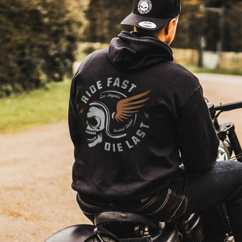 RIDE FAST DIE LAST Skull with Helmet Wings Casual Black Print Hoodie