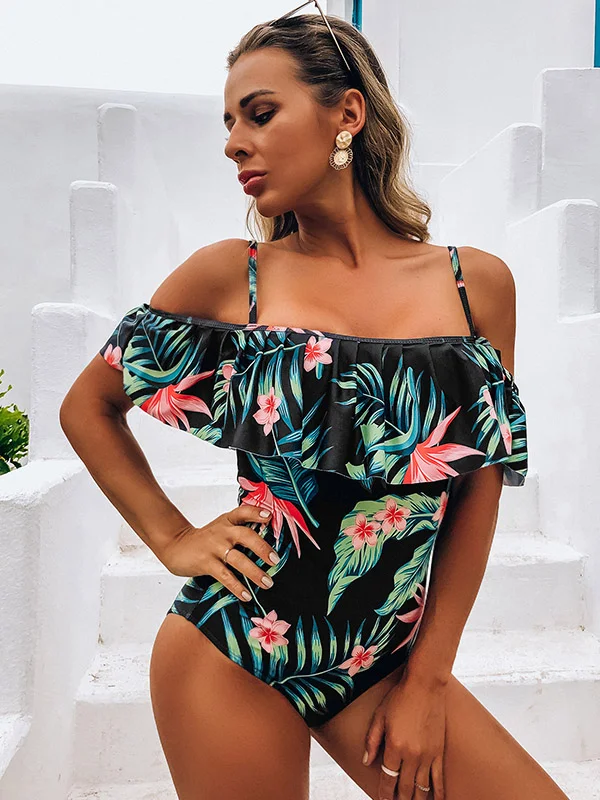 Off-The-Shoulder Leaves Print Padded Falbala One-Piece Swimwear