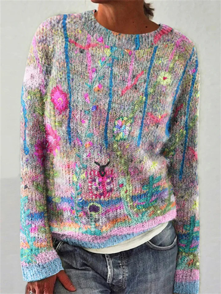 3D Printing Women's Flower Pattern Sweater Loose Long-sleeved Tops-JRSEE