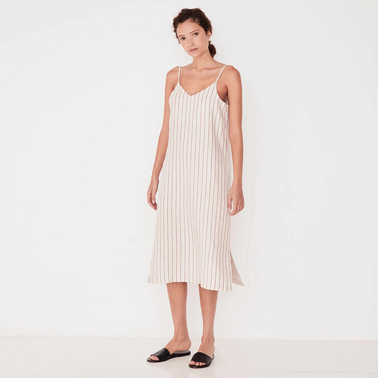 Striped Linen Dress With Slits at The Bottom-ChouChouHome