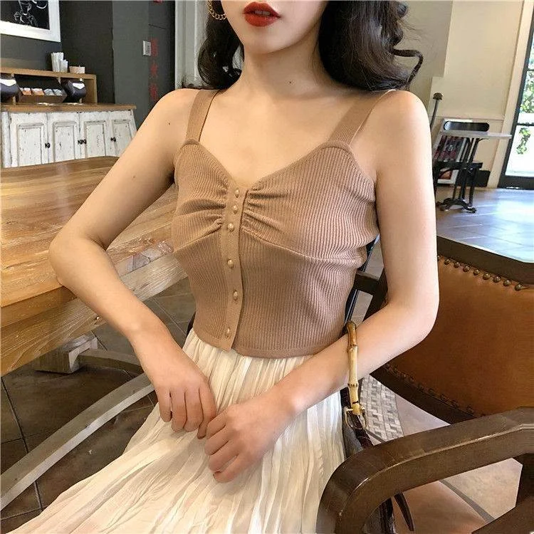 Uveng Uveng Short Sling Vest Female Hong Kong Flavor Retro Chic Korean Version Of Twisting Buckle Decorative Temperament Match Blouse Korean Tide