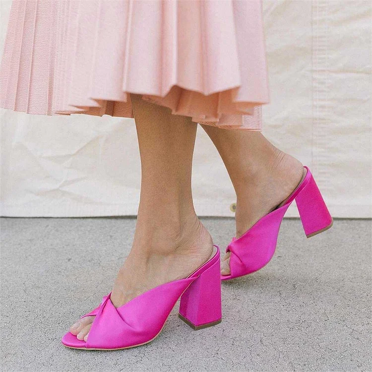 Fuchsia Satin Peep Toe Mule Heels for Women |FSJ Shoes