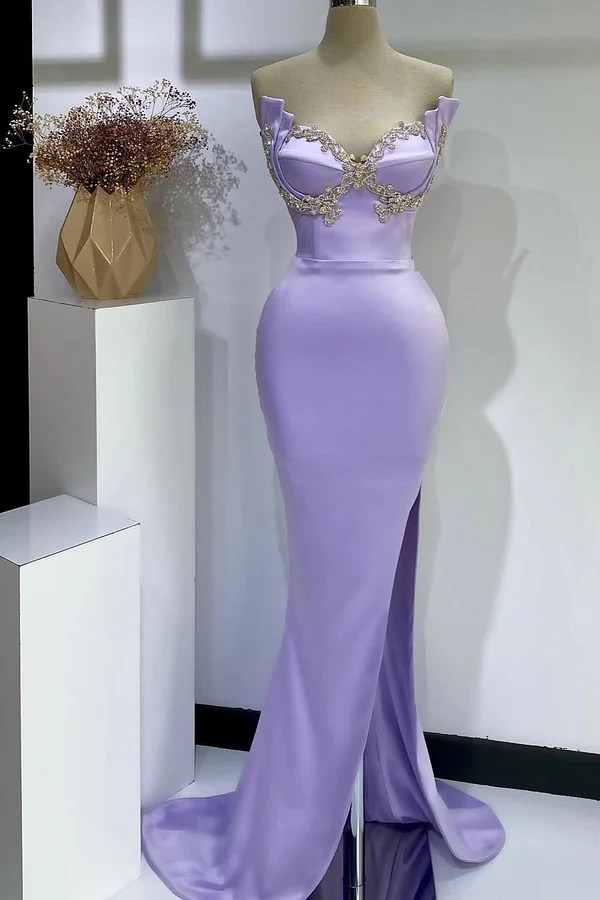 Daisda Purple Sleeveless Strapless Mermaid V-Neck Beads Prom Dress