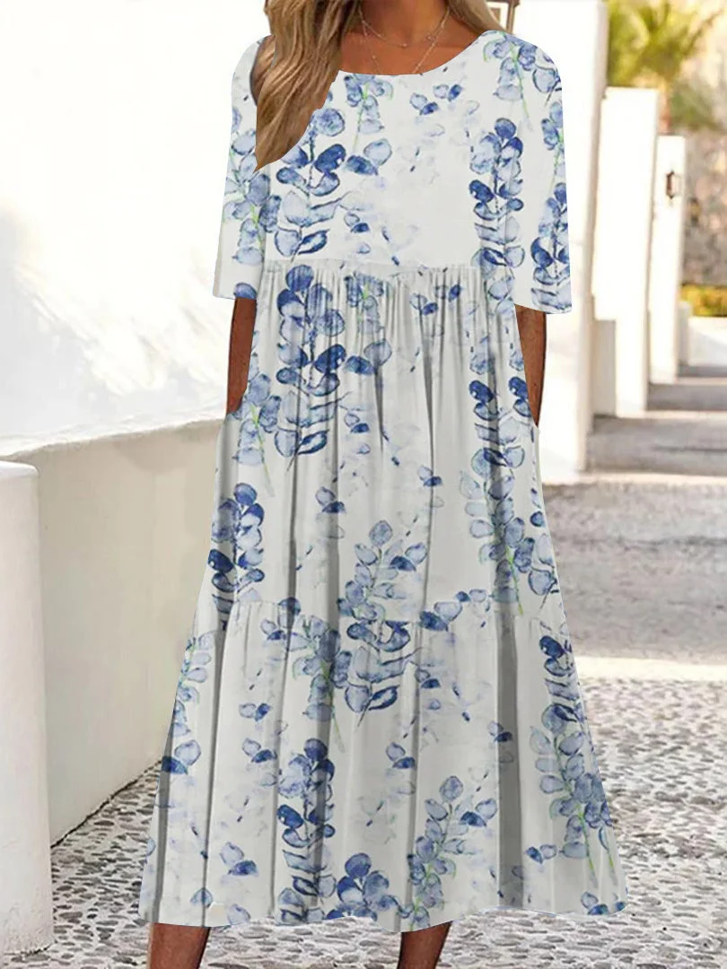Women's Blue Scoop Neck Half Sleeve Graphic Midi Dress