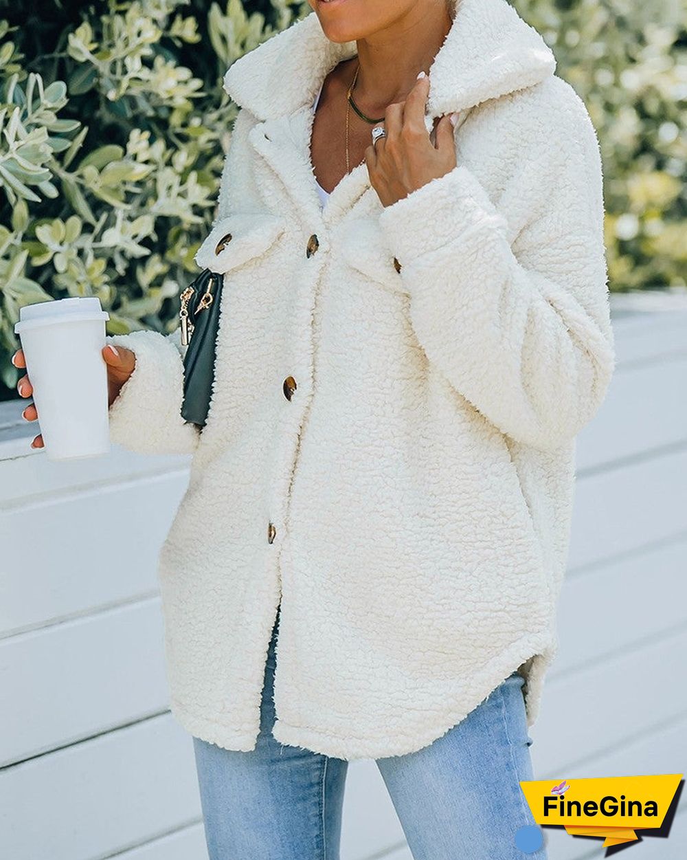 Pocket Button Design Long Sleeve Fluffy Coat