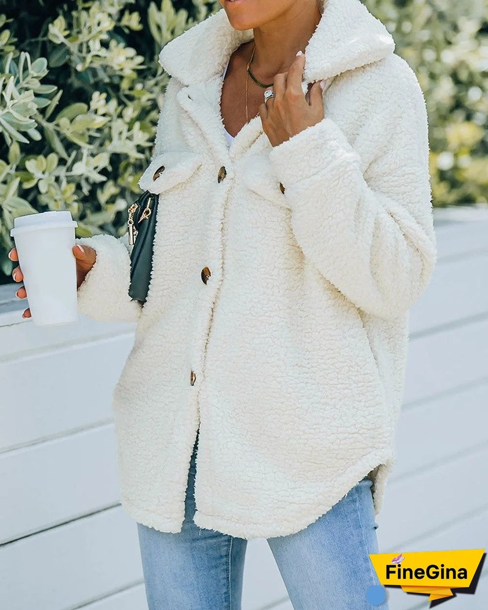 Pocket Button Design Long Sleeve Fluffy Coat