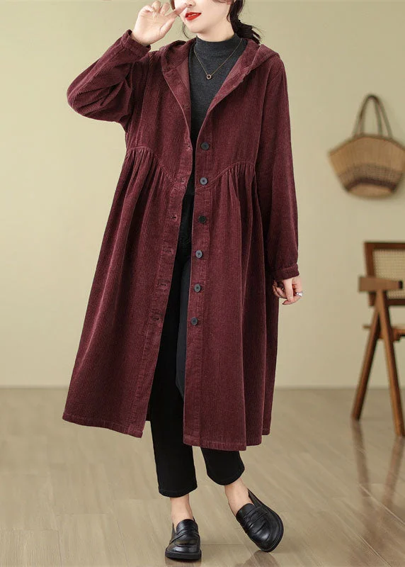 Unique Mulberry Patchwork Wrinkled Button Corduroy Hooded Trench Coats Fall