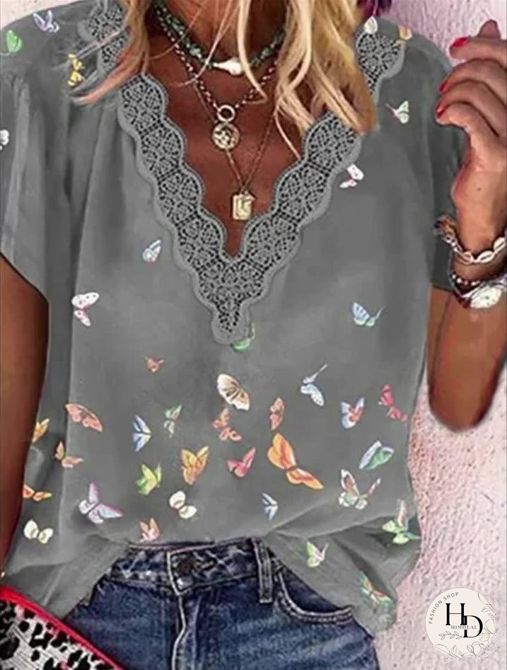 Chiffon V-Neck Printed Short Sleeve T-Shirts for Women