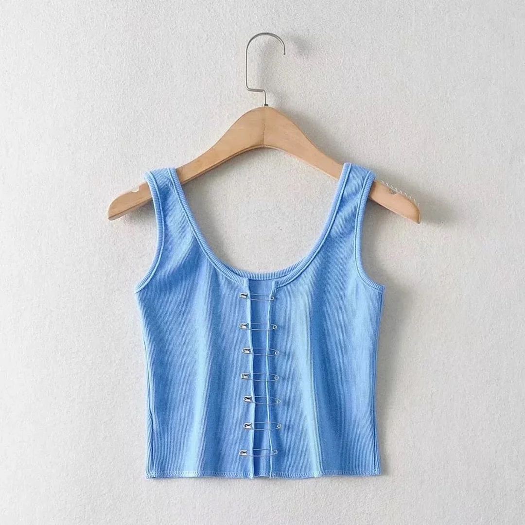 Summer big u-neck threaded camisole women's hollow pin design cropped top high street fashion strapless sleeveless vest