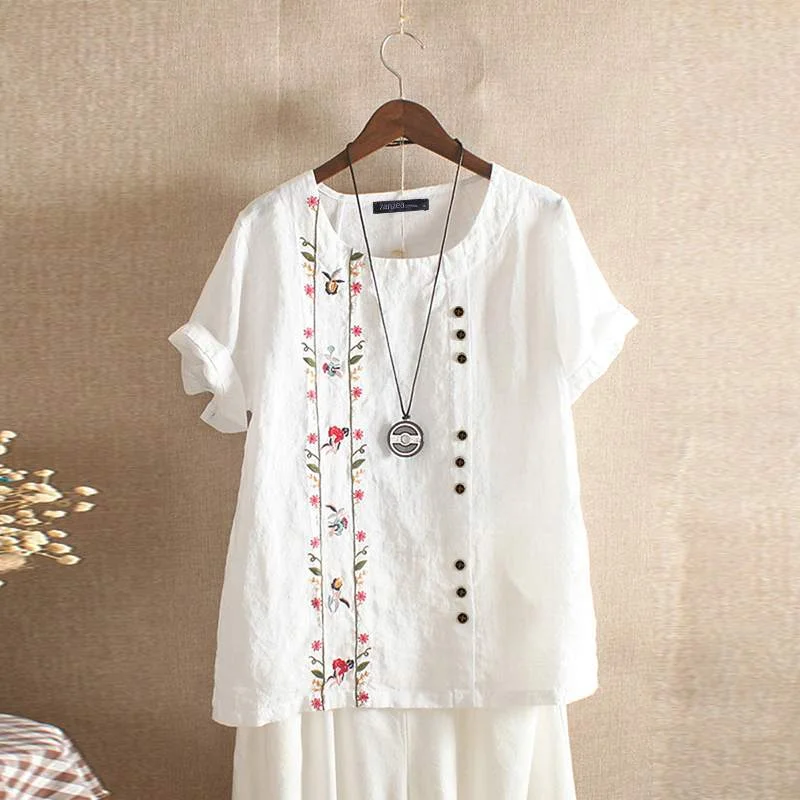 ZANZEA Women Cotton Linen Blouse Summer Short Sleeve Shirts Vintage Floral Embroidery Tunic Tops Casual Female Blusas Chemise