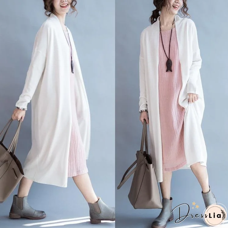 White woolen knit cardigan long knitted coat outwear