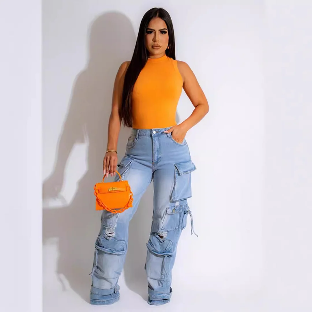 Brownm Brownm Hot Women's New Retro Casual Hole-Breaking Workwear Wide-Legged Multi-Bag Jeans