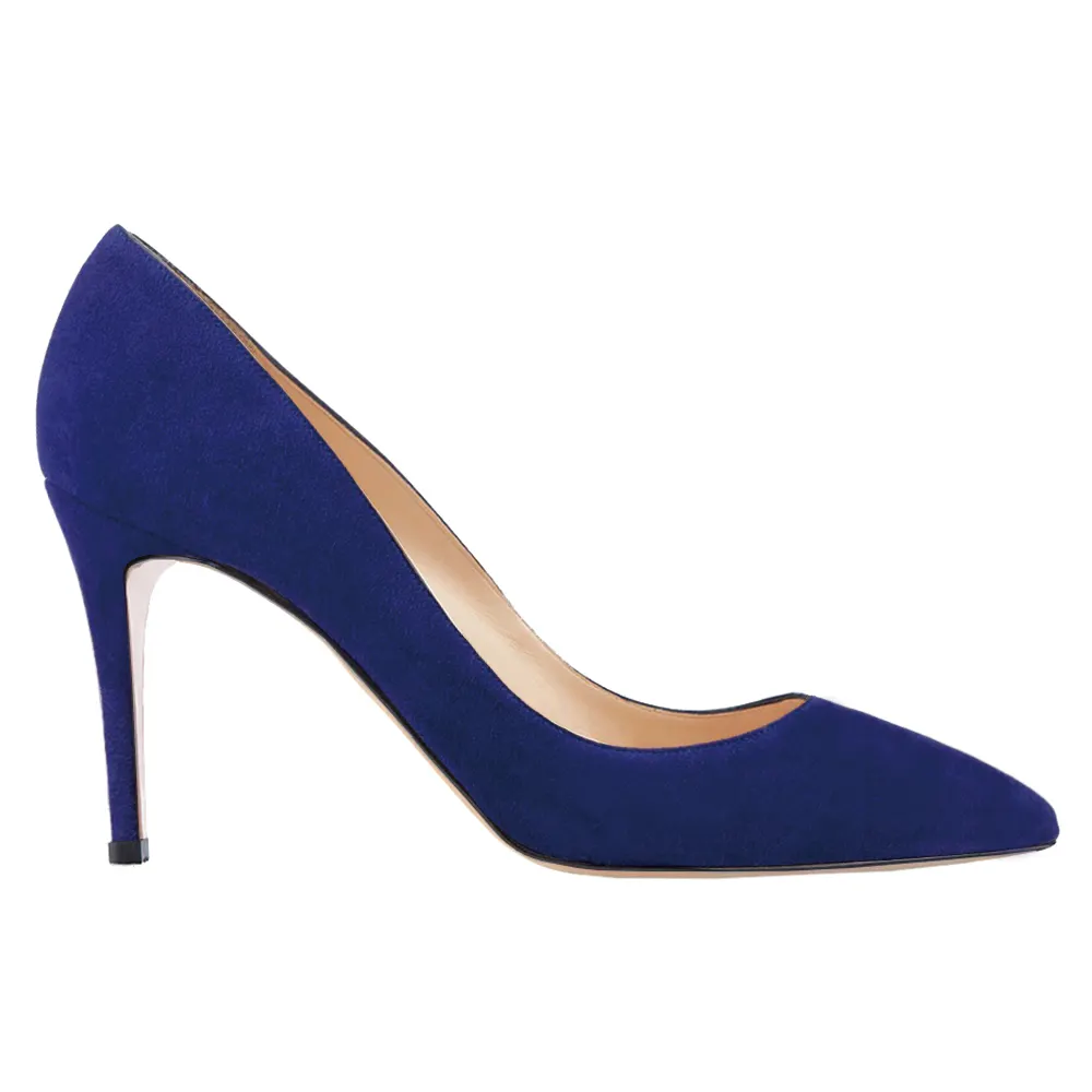 90mm Middle Heels Pointy Toe Pumps Blue Suede-vocosishoes