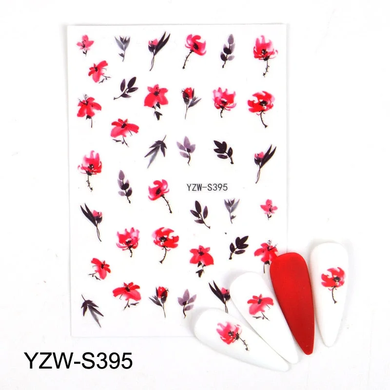 Purple Red Pink Rose Flower 3D Nail Sticker Leaves Love Heart Self-Adhesive Slider Art Decorations Decals Manicure Accessories-Nail Inspo
