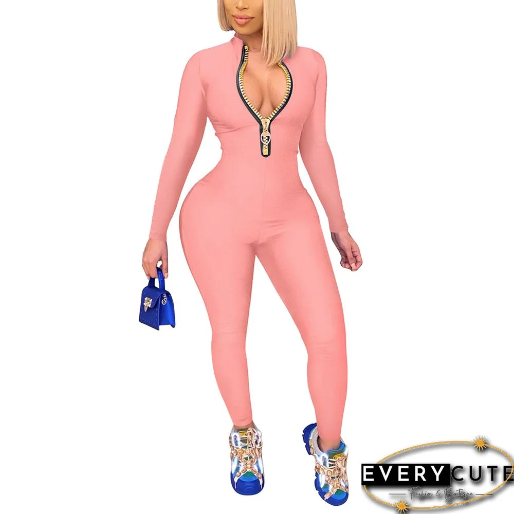 Pink Zipper Stand Collar Long Sleeve Jumpsuit