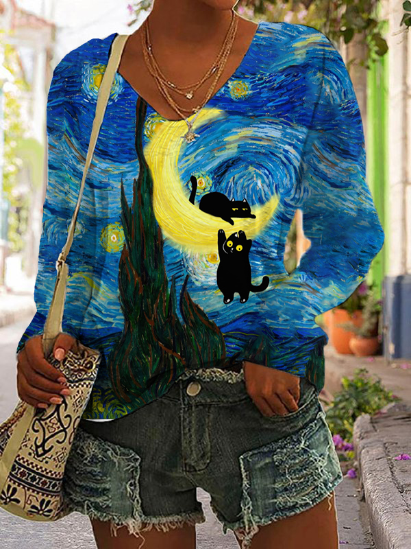 Women's Casual  Art Funny Black Cat Print T-shirt wearshes