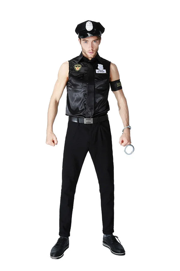 Cool Party Cosplay Halloween Police Officer Cops Costume For Men Black-elleschic