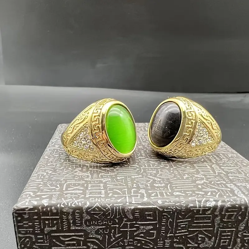 1pc imitation   stone ring gradient green ring     ring 316l stainless steel gold plated ring titanium steel mens ring details 7