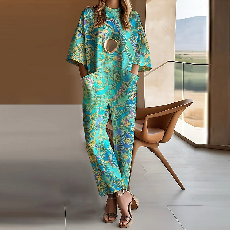 Ursime Ethnic Patterns Drop Shoulder 3/4 Sleeve Pocket Jumpsuit