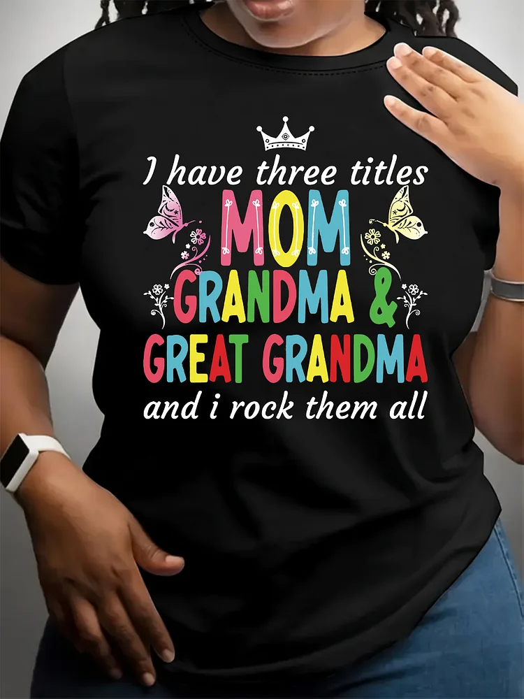 Women's Polyester T-Shirt With "Mom, Grandma & Great Grandma" Letter Print, Casual Crew Neck Short Sleeve Top, Knit Fabric, All Season Comfort, 180gsm - Black