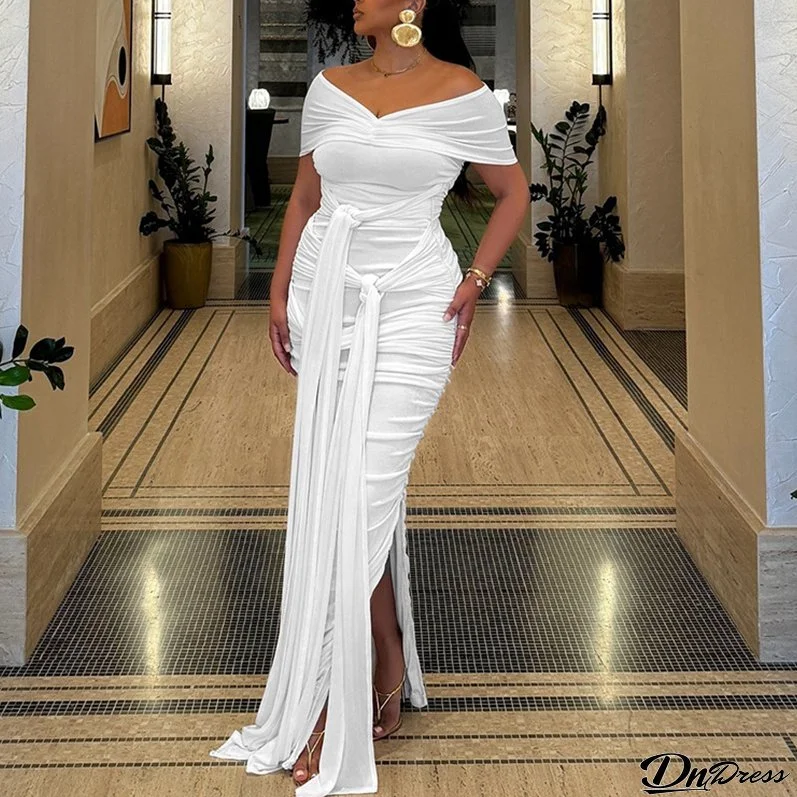 Women Solid Sexy Off Shoulder Sleeveless Slit Dress