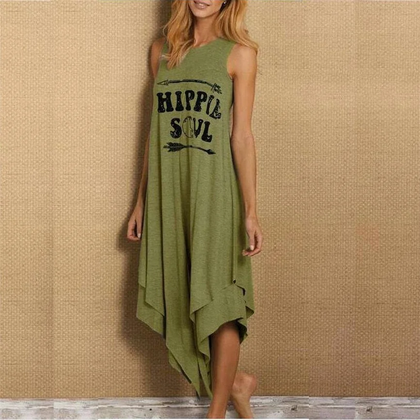 Hippie Soul Sleeveless Dress Summer Casual Letter Printed Plus Size Woman Tank Top Dress Fashion Loose O-Neck Female Beach Dress