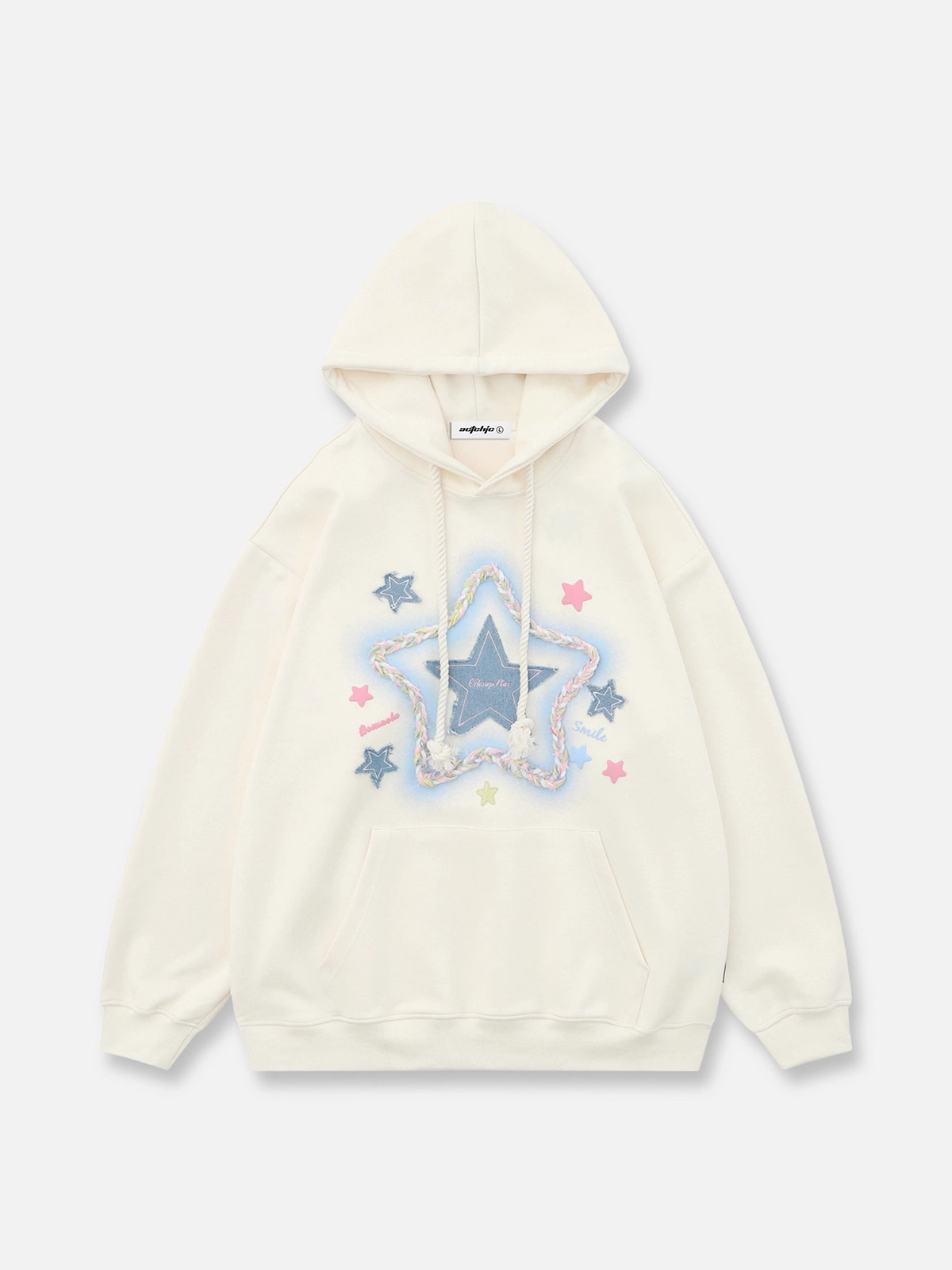 Apricot Denim Star Applique Embroidery Graphic Hoodie Front