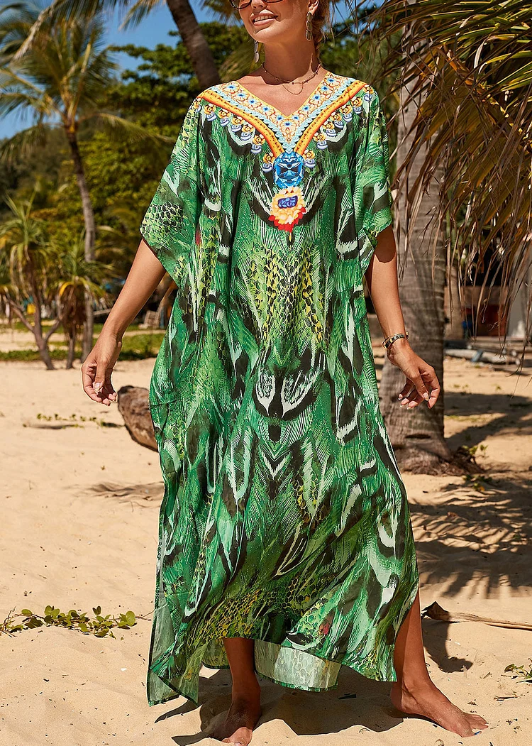 Loose Green V Neck Print Side Open Maxi Beach Dress Short Sleeve