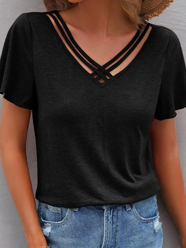 Hollow Solid Color Split-Joint Loose Plus Size V-Neck T-Shirts Tops