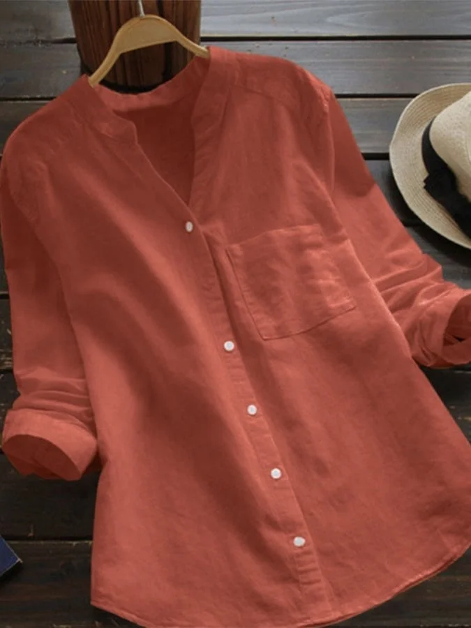 Solid Color Loose Long Sleeve V-Neck Shirt
