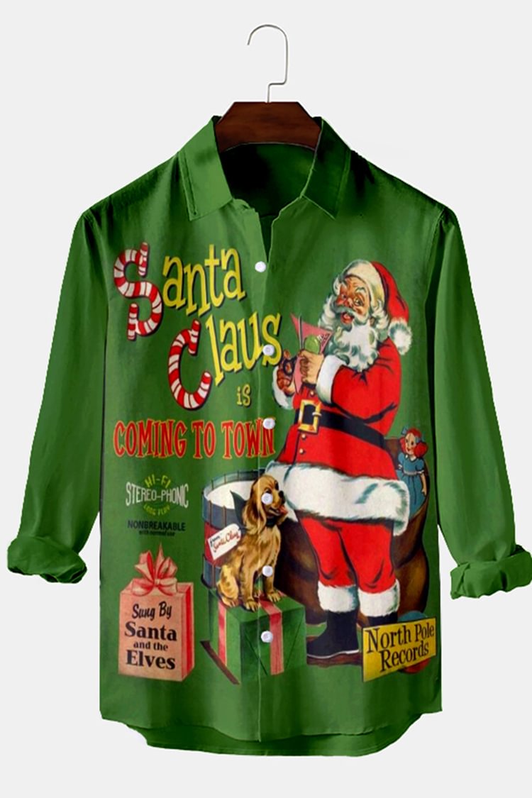 Tiboyz Tiboyz Vintage Green Santa Print Long Sleeve Shirt