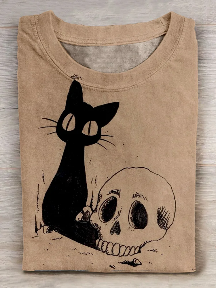 Black Cat Skull Print Casaul Short Sleeve T-shirt