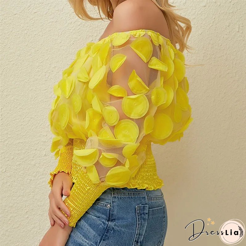 Sexy Off Shoulder Womens Tops And Blouses Mesh Sheer Puff Sleeve Tops Summer 3D Flower Vintage White Women Shirt Blouse 210308