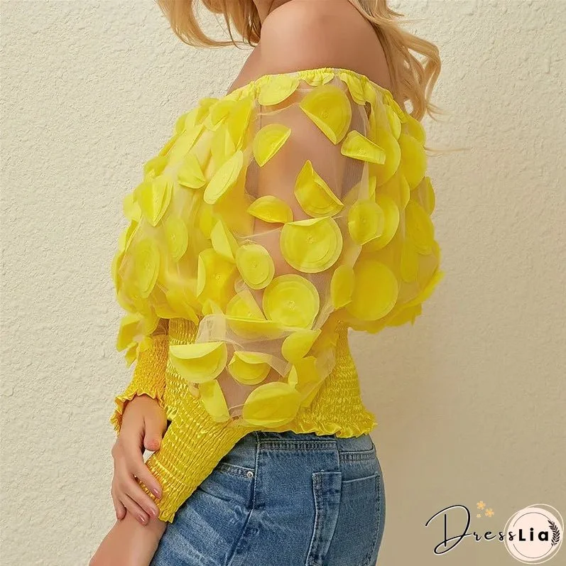 Sexy Off Shoulder Womens Tops And Blouses Mesh Sheer Puff Sleeve Tops Summer 3D Flower Vintage White Women Shirt Blouse 210308
