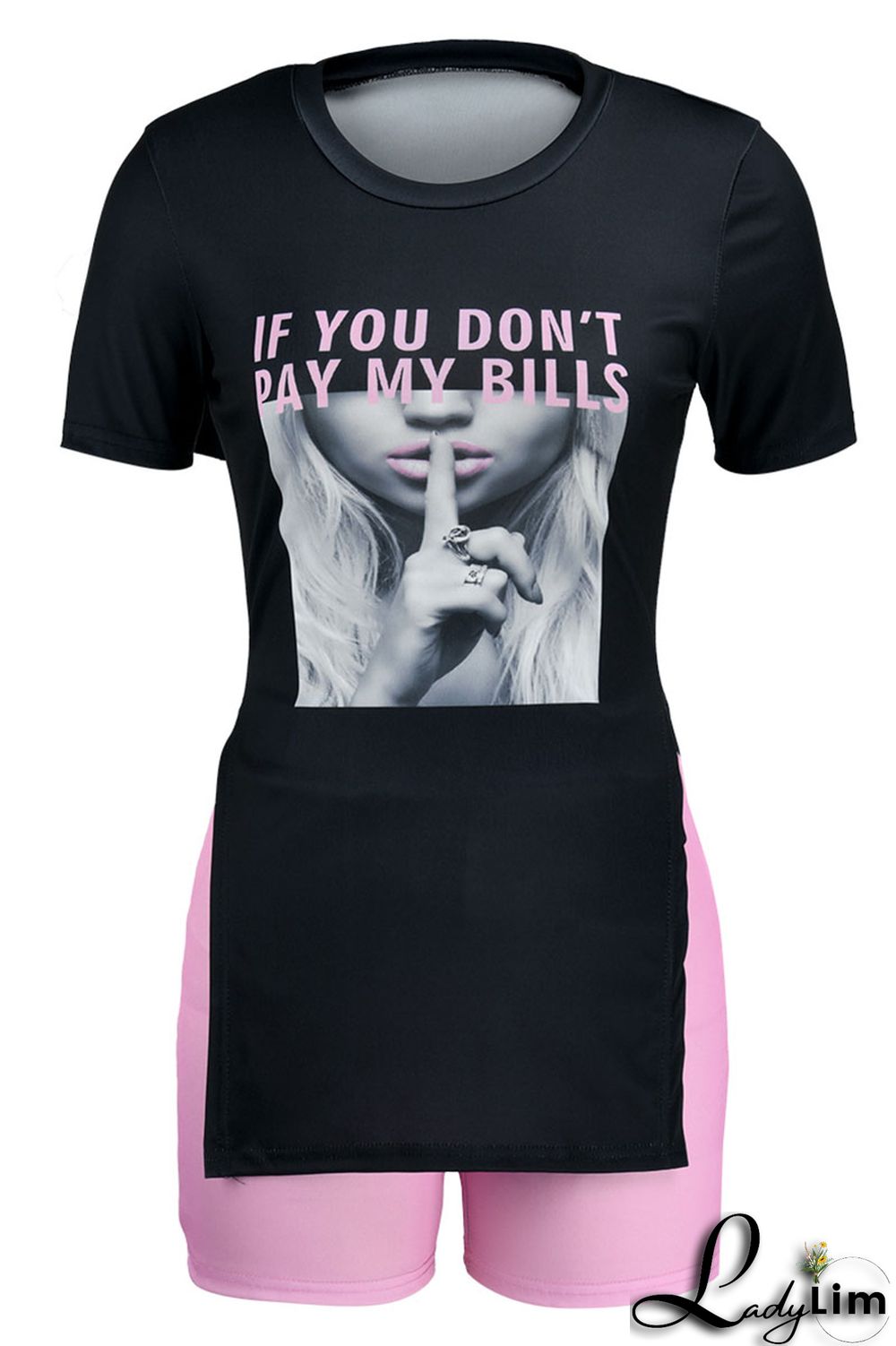 Black Casual Print Split Joint Slit O Neck Short Sleeve Two Pieces