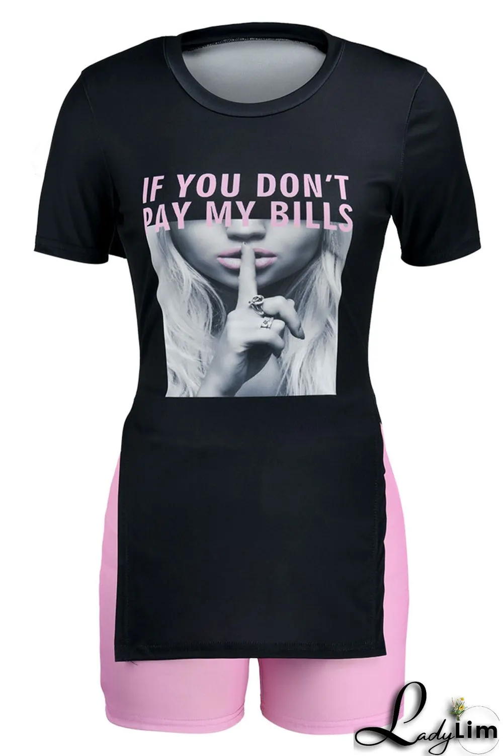 Black Casual Print Split Joint Slit O Neck Short Sleeve Two Pieces
