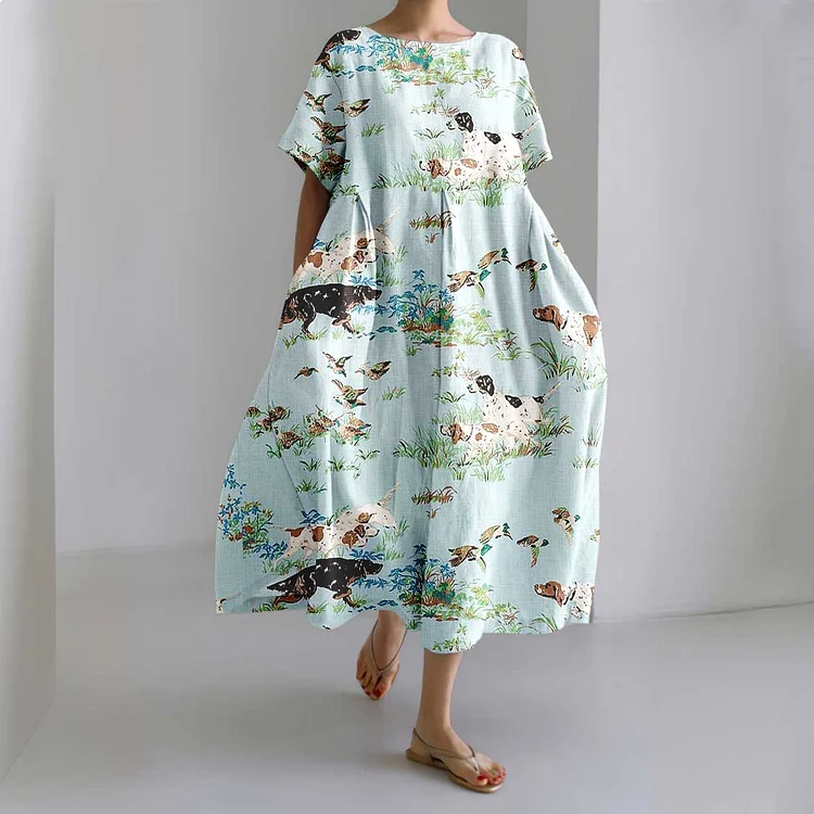 Cozy Plant And Puppy Print Loose Midi Dress