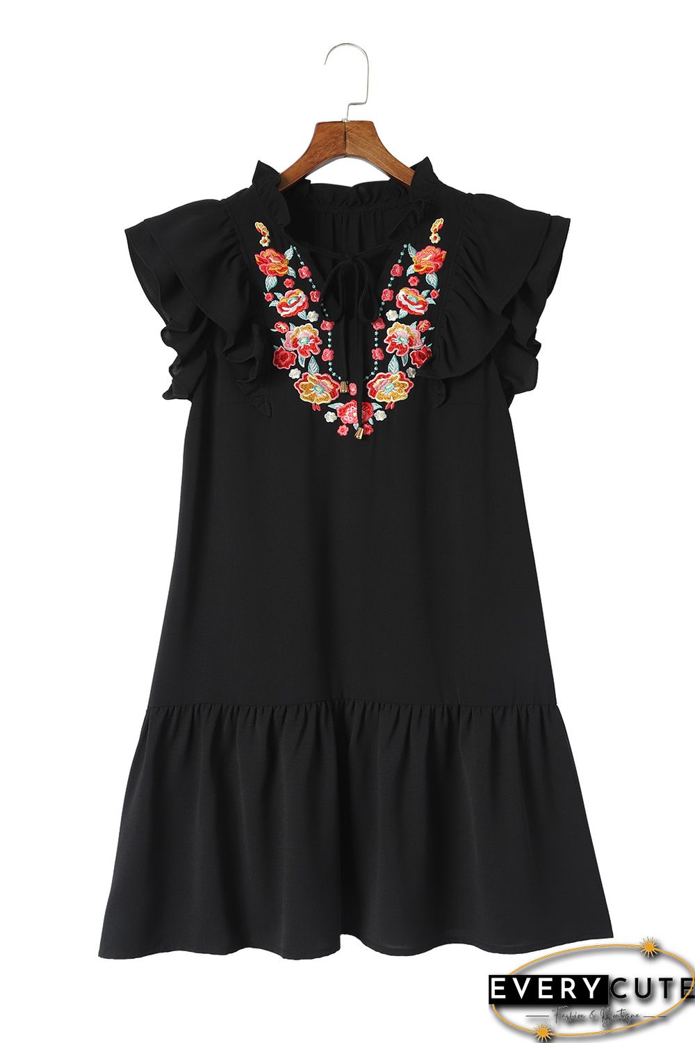 Black Floral Embroidered Ruffle Sleeve Shift Dress