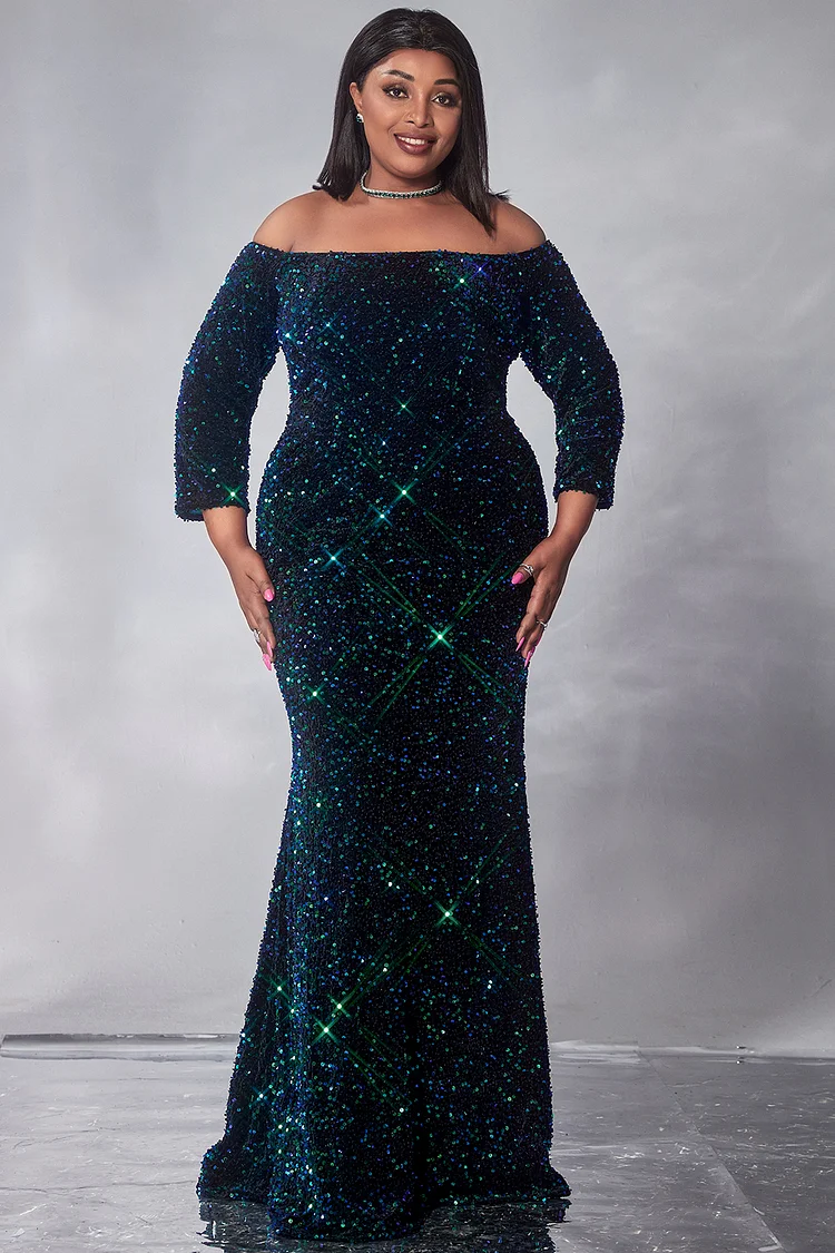 Xpluswear Design Plus Size Formal Maxi Dresses Elegant Green Fall Winter Off The Shoulder 3/4 Sleeve Sequin Maxi Dresses [Pre-Order]