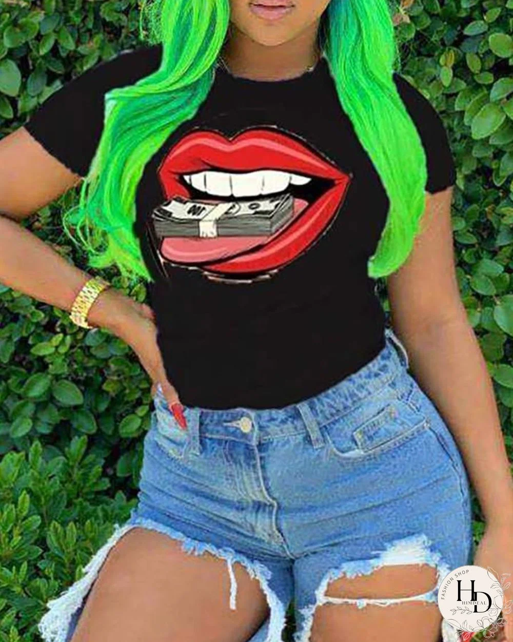 Lip Print Short Sleeve Casual T-shirt P13284