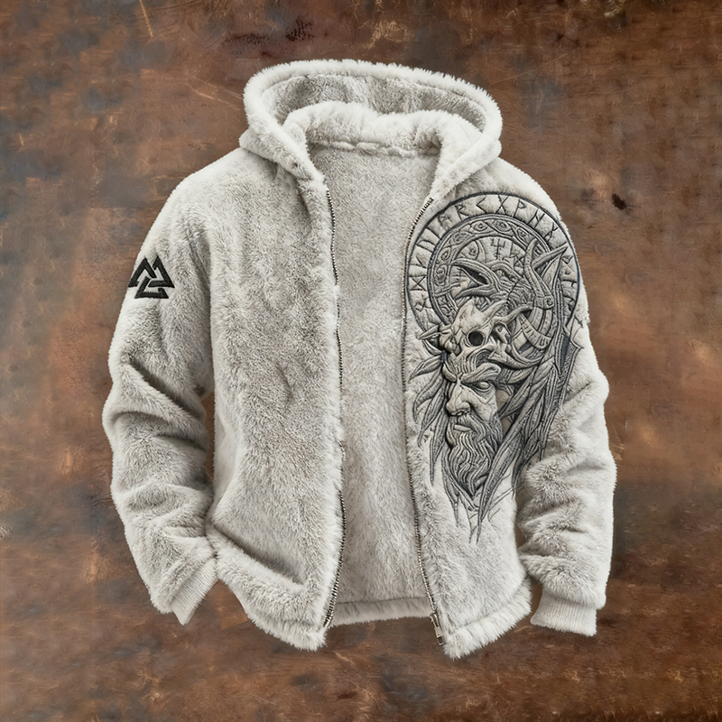 Men's Vintage Viking Totem Art Plush Warm Zipped Hooded Jacket elevenforest
